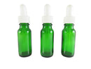 3 Green Glass Dropper Bottles, 1/2 oz, 3.6"H, NOS Lab Bottles — front view