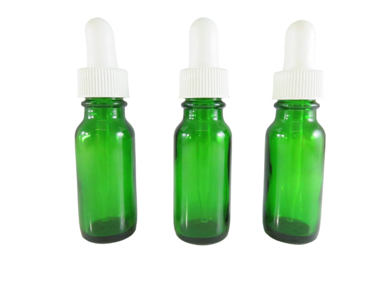 3 Green Glass Dropper Bottles, 1/2 oz, 3.6"H, NOS Lab Bottles — front view