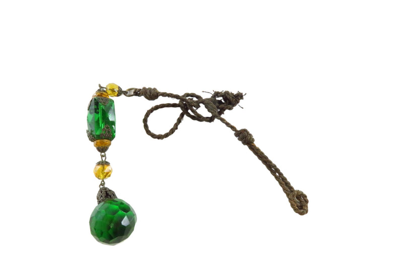 Unusual Antique Czechoslovakia Faceted Green and Orange Pendant on Twisted Rope — Necklaces — front view