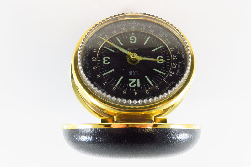 Vintage Elgin World Time Travel Alarm Clock Luminous Black Dial Black Case