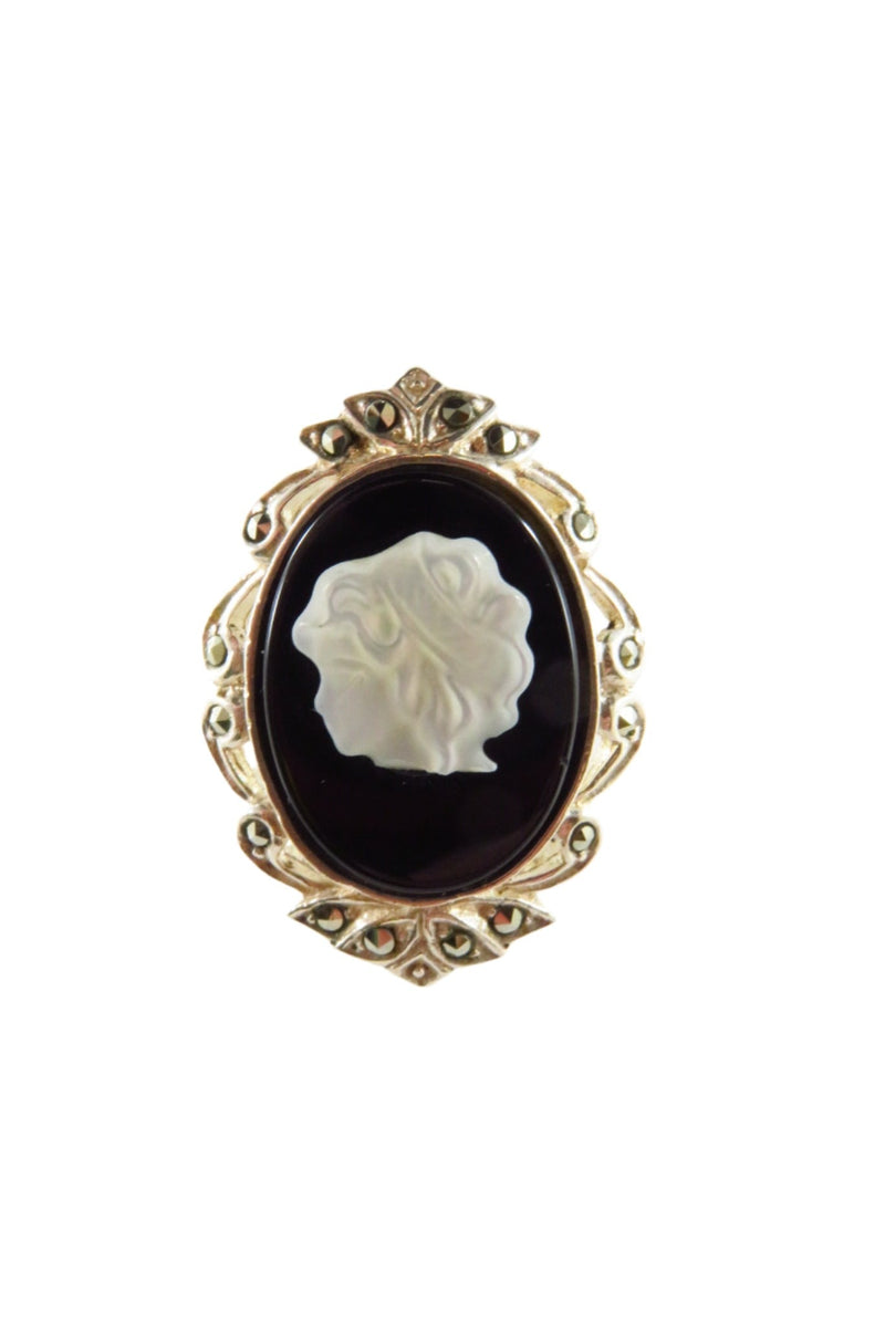 Cute Sterling Silver Cameo Ring With Marcasite Accenting Size 6 — Sterling Silver, Silver • Pearl — front view