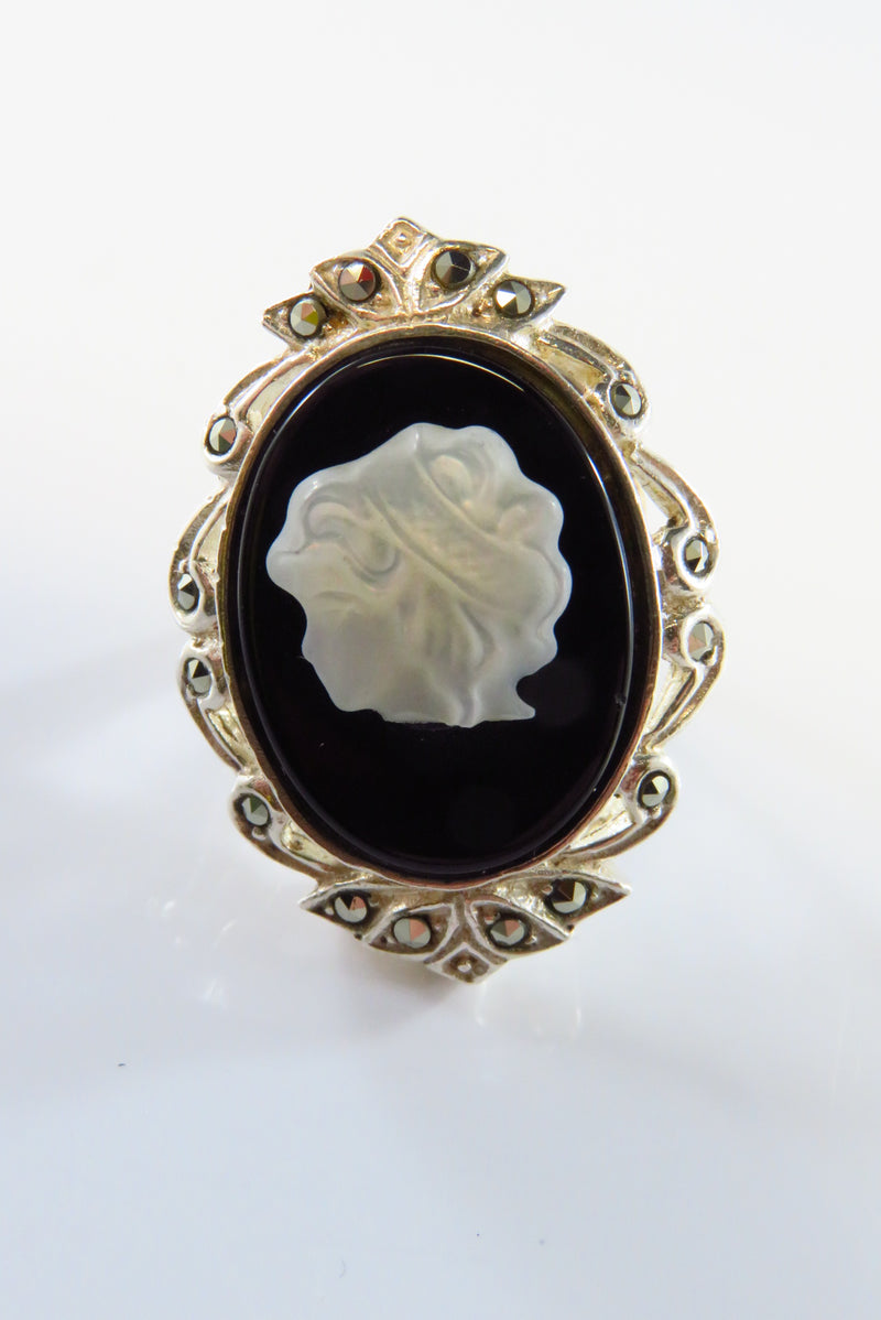 Cute Sterling Silver Cameo Ring With Marcasite Accenting Size 6