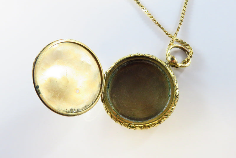 Antique Gold Gilt Photo Pendant Locket 2 1/2" High With Gold Filled Chain