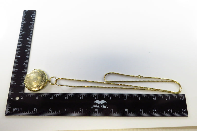 Antique Gold Gilt Photo Pendant Locket 2 1/2" High With Gold Filled Chain