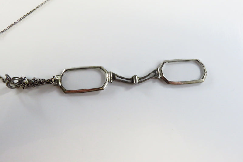 Art Deco 25" Sterling Lariat Necklace with Antique Folding Lorgnette Spectacles
