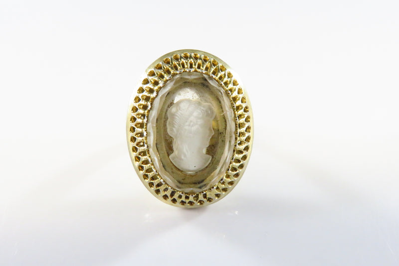Vintage Gilded Whiting & Davis Intaglio Cameo Glass Ring Size 6