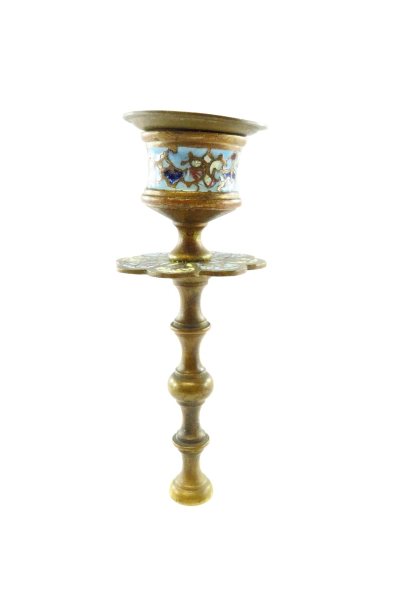 Antique Bronze Champleve Enamel Candlestick Candle holder Topper — Enamel — front view