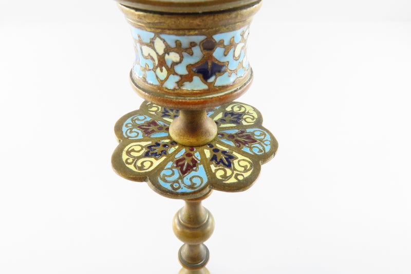 Antique Bronze Champleve Enamel Candlestick Candle holder Topper