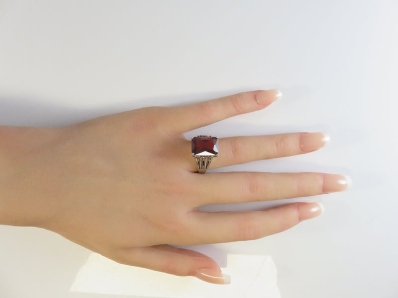 Blood Red Garnet Style Emerald Cut Ring, Size 7.75, Unisex Vintage Ring
