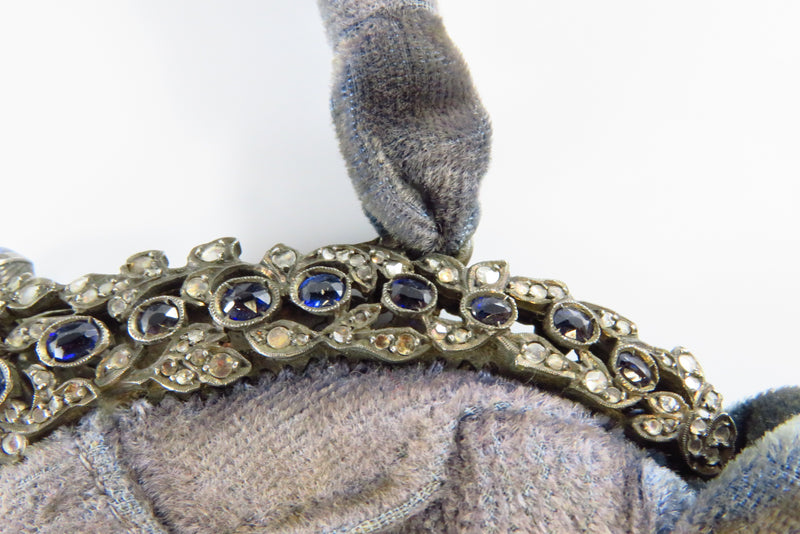 Antique Coin Silver Diamond & Sapphire Victorian Style Velvet Hand Bag