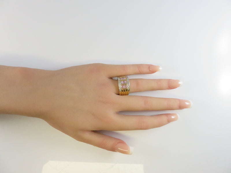 Cigar Band Cocktail Ring, Pink Baguette Stones, Size 7.5, Vintage Style