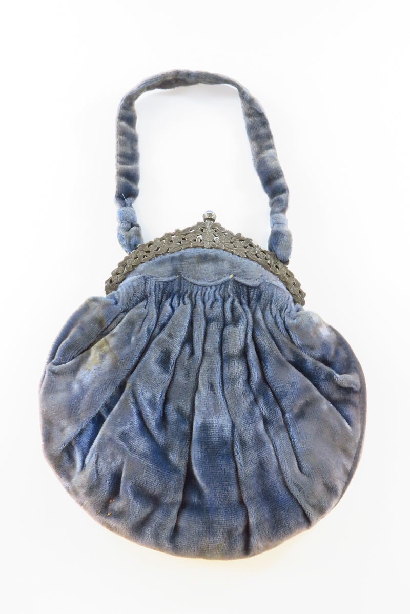 Antique Coin Silver Diamond & Sapphire Victorian Style Velvet Hand Bag
