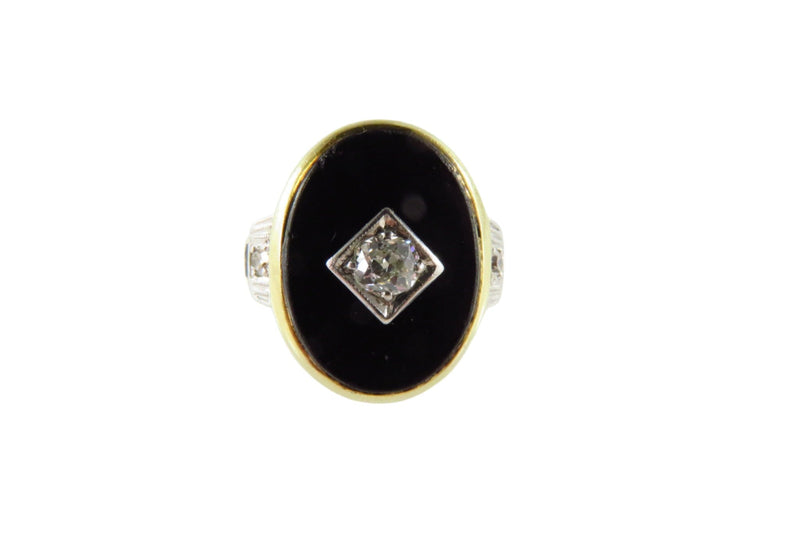Art Deco 14K Gold Black Onyx Plaque Ring with Diamond Size 4 — Jewelry & Watches:Fine Jewelry:Fine Rings:Gemstone • 14K, Gold