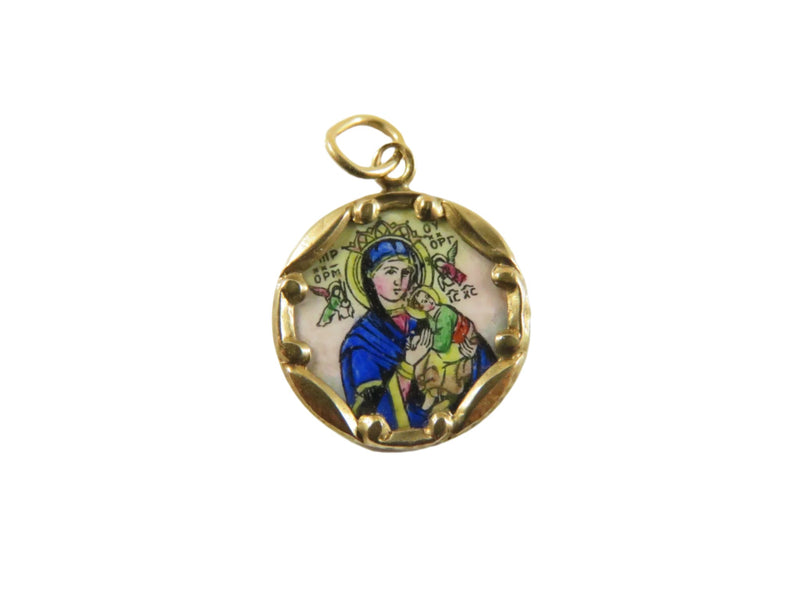 Antique 10K Gold Catholic Charm with Painted Porcelain Center 19th Century — 10K, Gold — front view
