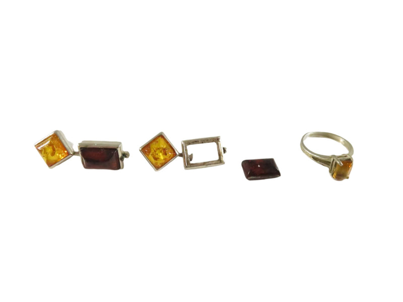 Sterling Silver Amber Earrings & Ring, Jewelry Parts, Repair, Wear — Sterling Silver, Silver • Emerald — front view