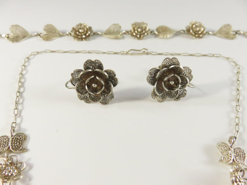 Vintage Sterling Silver Filigree Jewelry Set, Rose & Leaf Design, Handmade