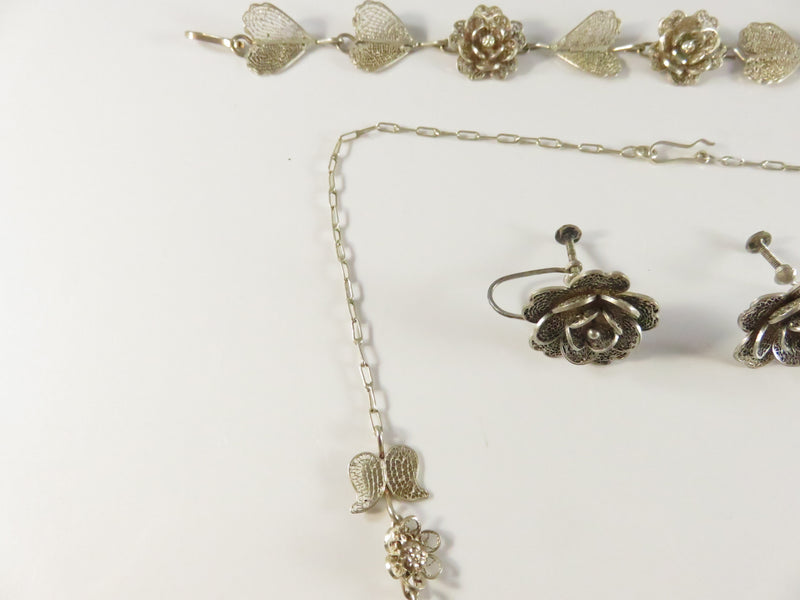 Vintage Sterling Silver Filigree Jewelry Set, Rose & Leaf Design, Handmade