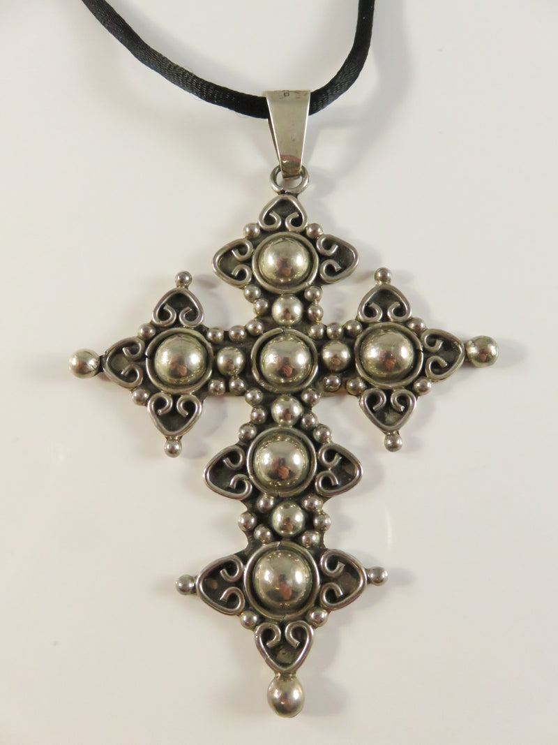 Large Sterling Silver Cross Pendant, Mexican Design, 3 5/8", Vintage Style