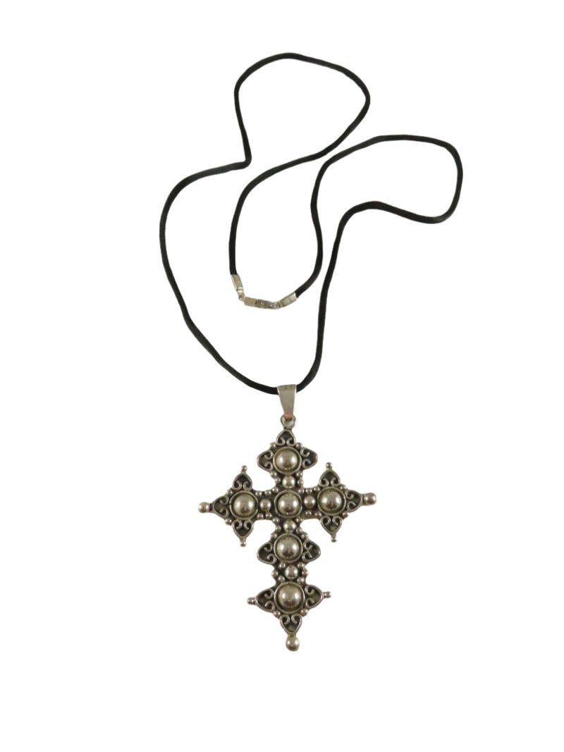 Large Sterling Silver Cross Pendant, Mexican Design, 3 5/8", Vintage Style — Sterling Silver, Silver — front view