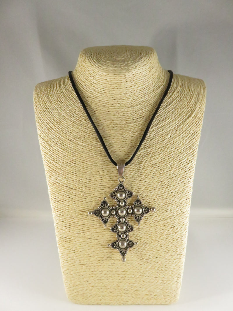 Large Sterling Silver Cross Pendant, Mexican Design, 3 5/8", Vintage Style