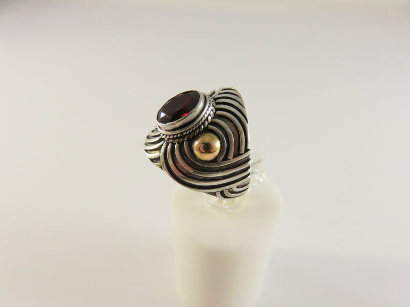 Vintage Sterling Silver Garnet Ring, Textured, Rose Gold Colored Accents, Size 6 1/4