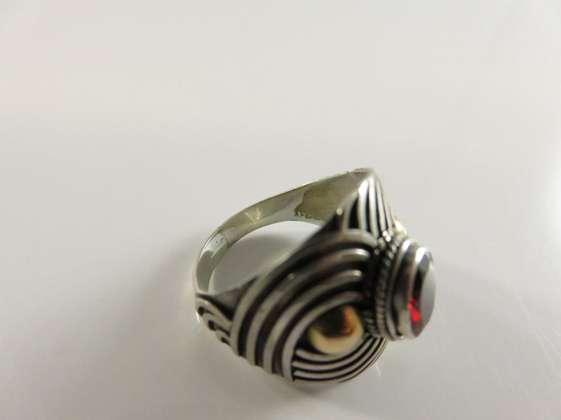 Vintage Sterling Silver Garnet Ring, Textured, Rose Gold Colored Accents, Size 6 1/4