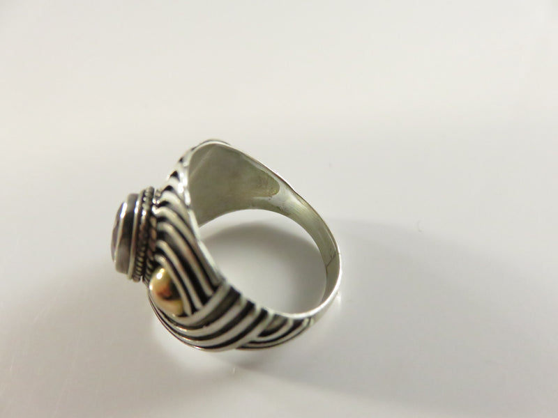 Vintage Sterling Silver Garnet Ring, Textured, Rose Gold Colored Accents, Size 6 1/4