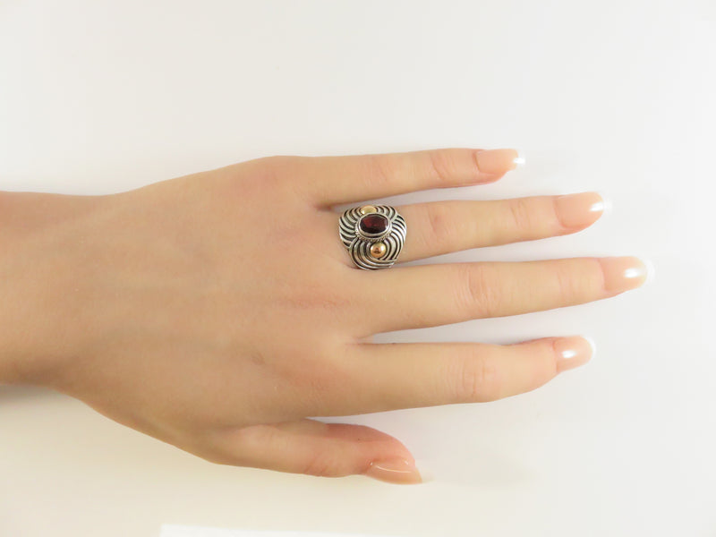 Vintage Sterling Silver Garnet Ring, Textured, Rose Gold Colored Accents, Size 6 1/4