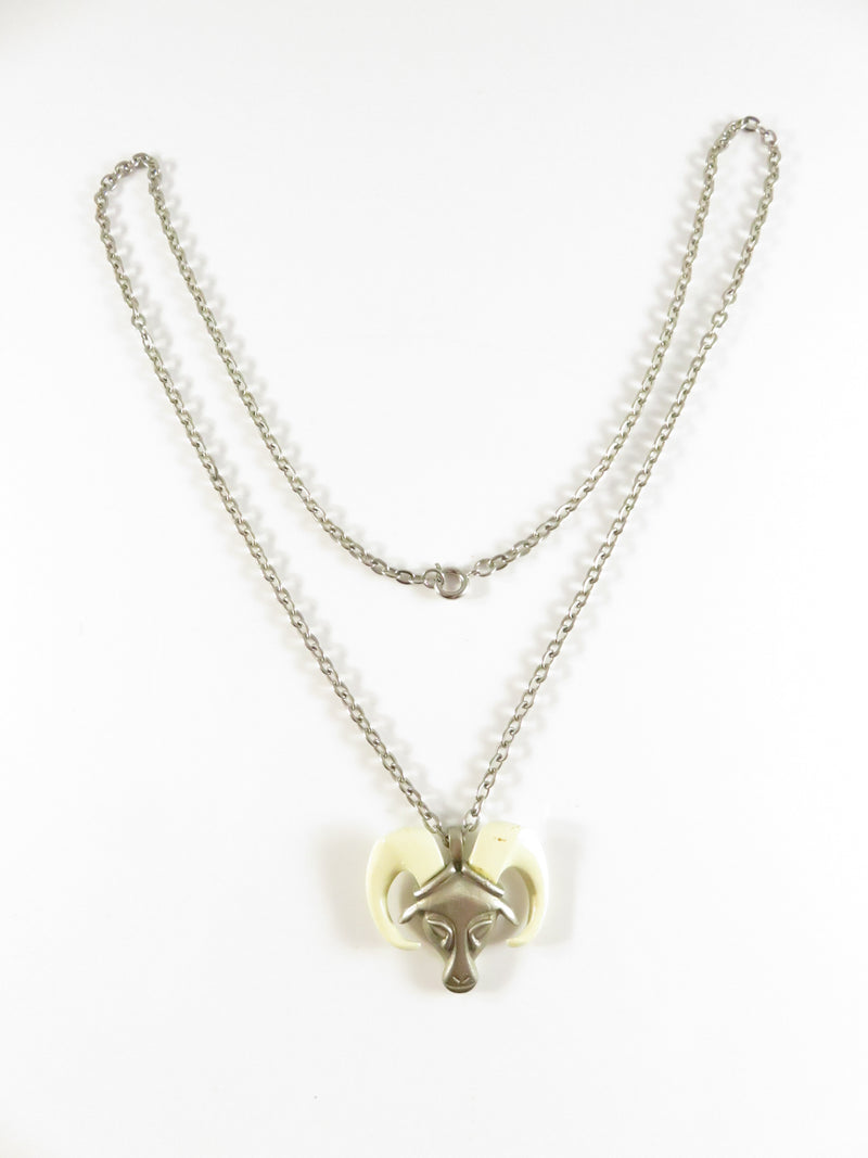 Vintage Longhorn Sheep Head Pendant Necklace, Southwestern Style