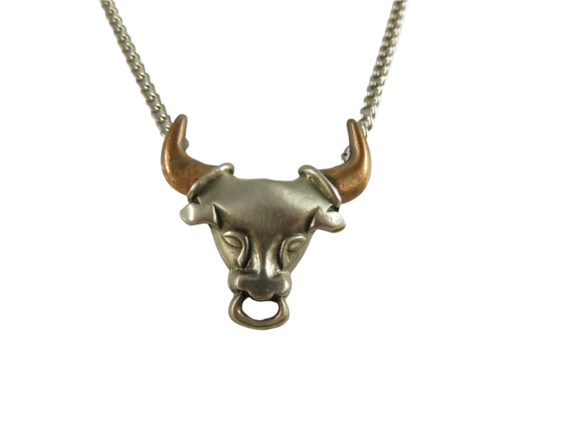 Vintage Bull Head Necklace, Copper Tone Horns, 1970s Southwestern Style