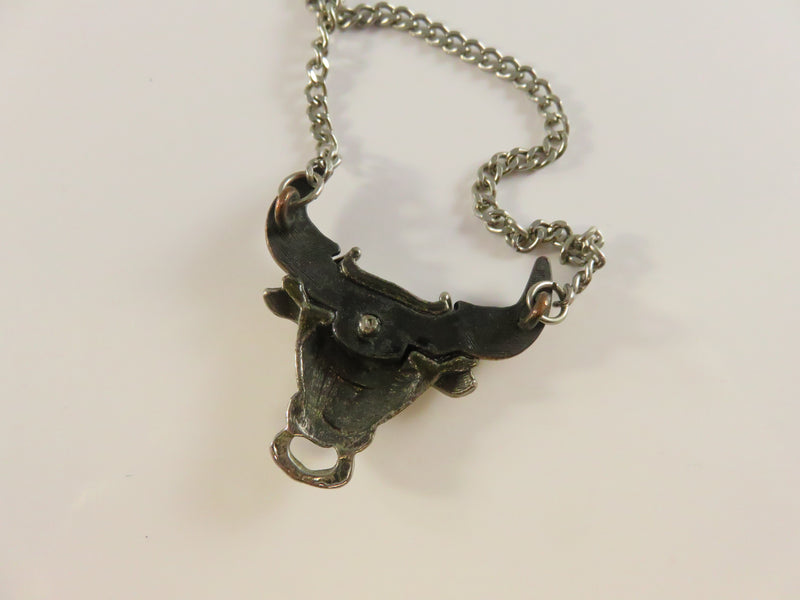 Vintage Bull Head Necklace, Copper Tone Horns, 1970s Southwestern Style
