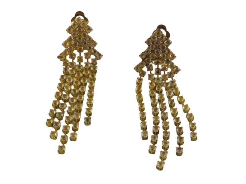 Vintage Rhinestone Waterfall Clip-on Earrings, Gold Tone, 2.25" — Gold — front view