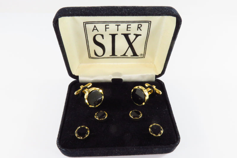 Pre-Owned After Six Gold Gilded Black Onyx Insert Cufflink Button Set in Case