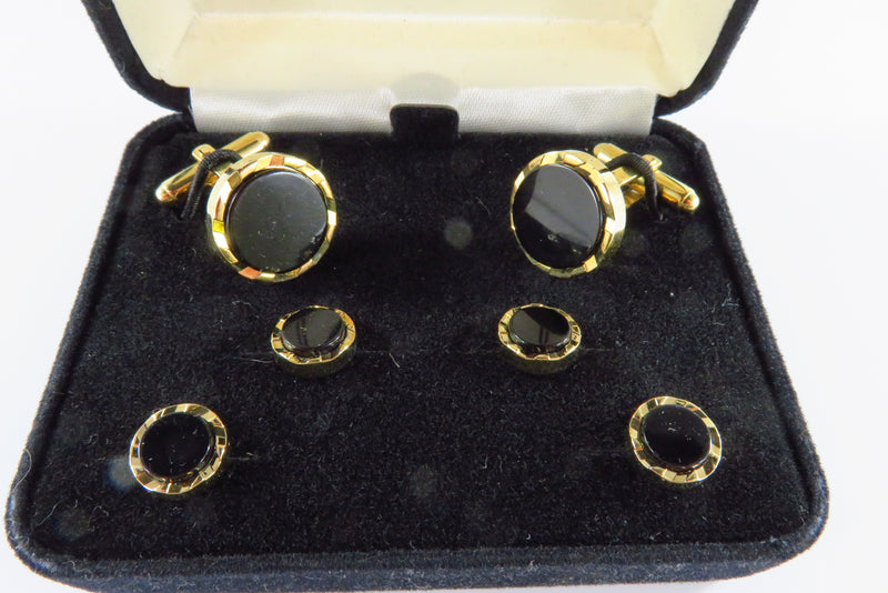 Pre-Owned After Six Gold Gilded Black Onyx Insert Cufflink Button Set in Case