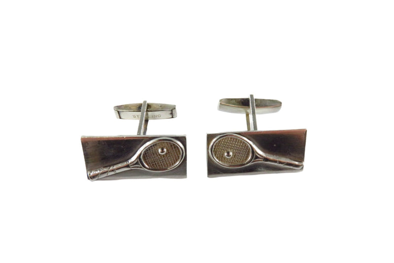 Vintage Tennis Racket Cufflink Set Sterling Ella L Cone Bullet Back — Sterling Silver, Silver — front view