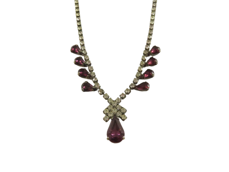 Vintage Rhinestone Necklace, Purple Rhinestone Accents, 16" — Silver • Amethyst — front view