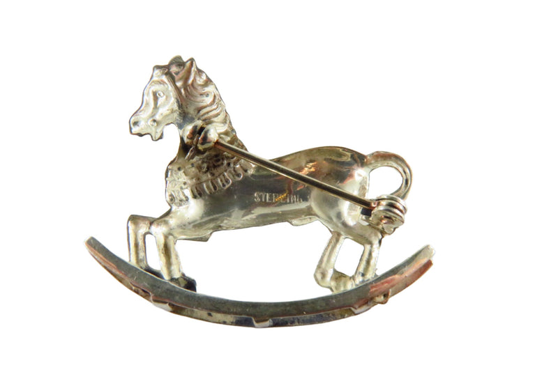 Vintage Sterling Silver Repousse Rocking Horse Brooch Pin 1 3/8" x 1 1/4"