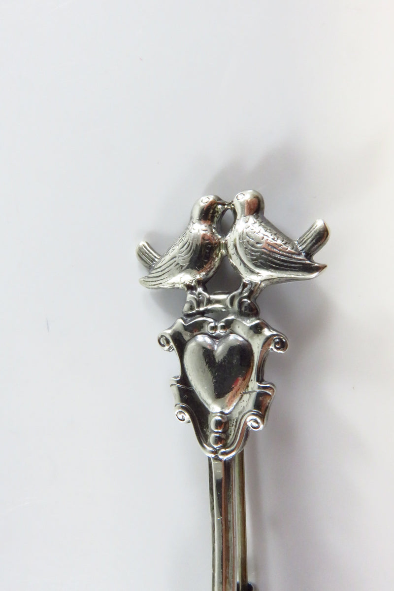 Lovely Little Sterling Silver Love Birds Spoon Brooch 2 5/8" Long