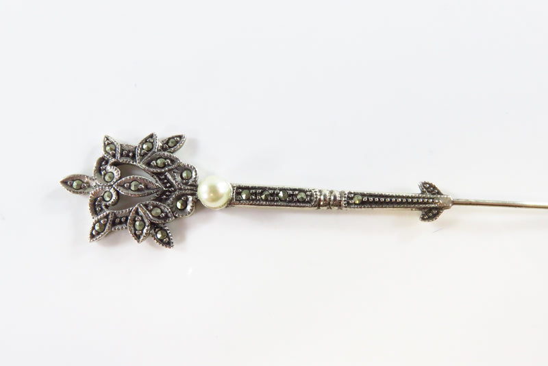 Antique Style 6 13/16" Leaf Form Marcasite Sterling Silver Hat Pin