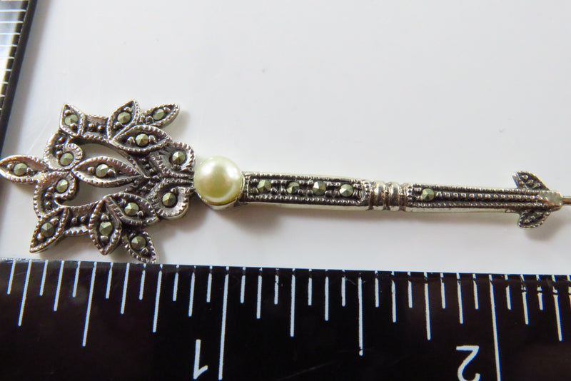 Antique Style 6 13/16" Leaf Form Marcasite Sterling Silver Hat Pin