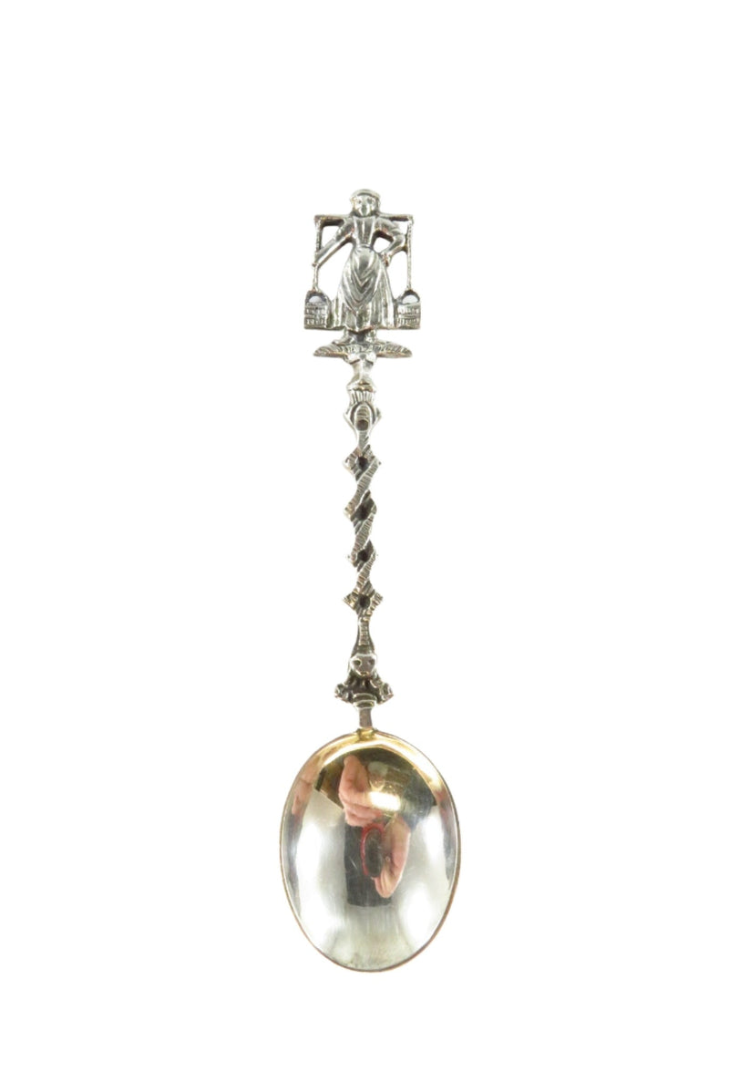 835 Silver Souvenir Spoon Vintage Girl Holding Water Barrels 4 7/16" 12.2 gr — Silver — front view