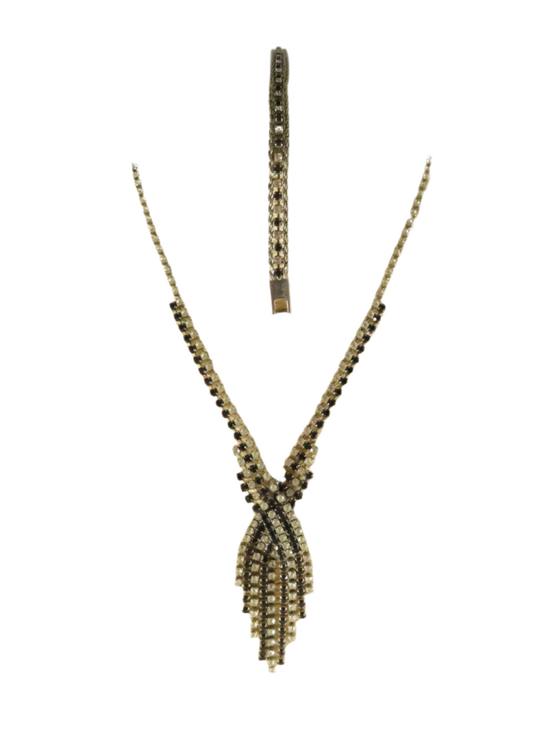 Vintage Rhinestone Necklace & Bracelet Set, Art Deco, Black & White, 17"/7.25", As-Found — Silver — front view