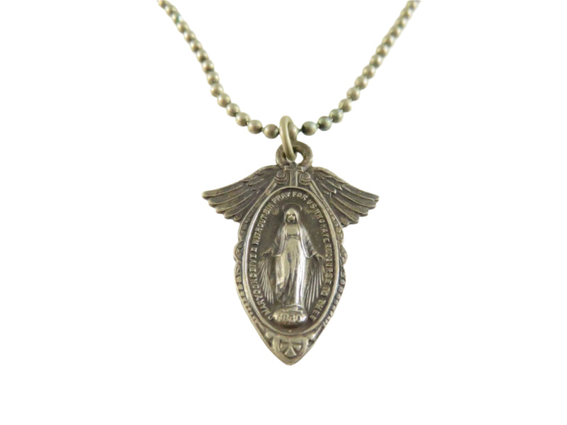 Vintage Winged Miraculous Medal Necklace, Rare Design, 17.5" Chain