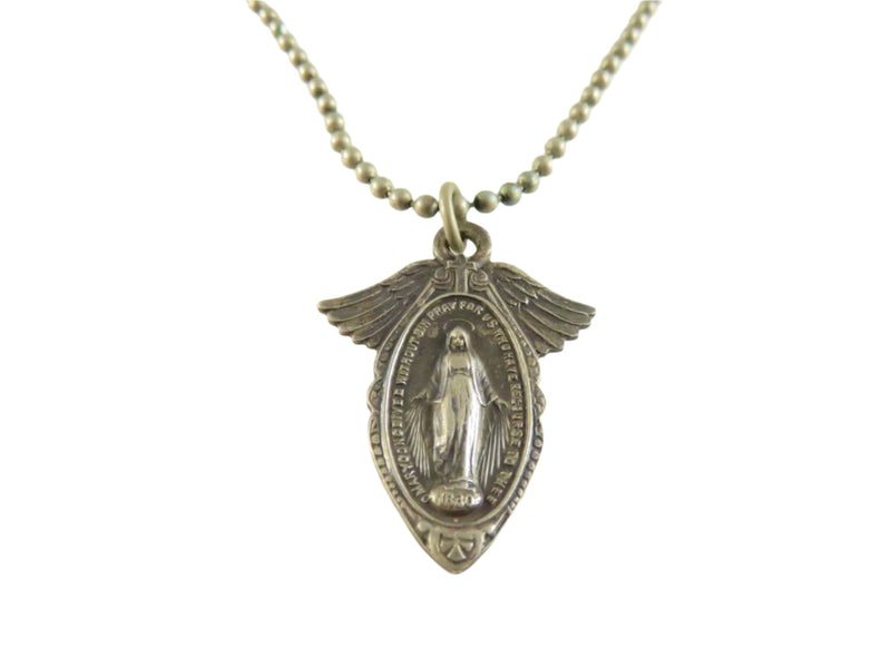 Vintage Winged Miraculous Medal Necklace, Rare Design, 17.5" Chain — front view
