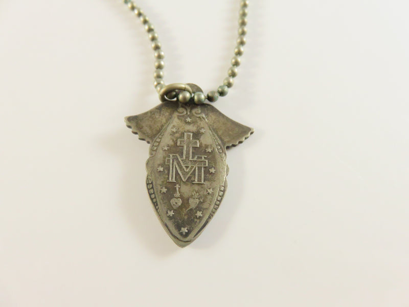 Vintage Winged Miraculous Medal Necklace, Rare Design, 17.5" Chain