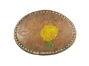 For Repair/Repurpose Vintage Yellow Rose of Texas Leather Belt Buckle, 1970s, Oval — front view