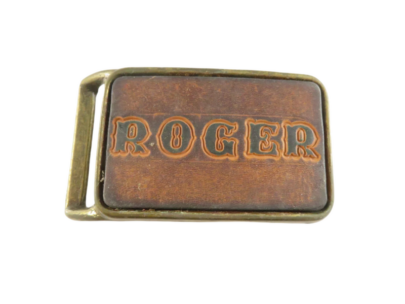 Vintage "ROGER" Leather Belt Buckle, Brass Tone, 1970s, Repair/Restore