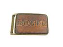 Vintage "ROGER" Leather Belt Buckle, Brass Tone, 1970s, Repair/Restore — front view