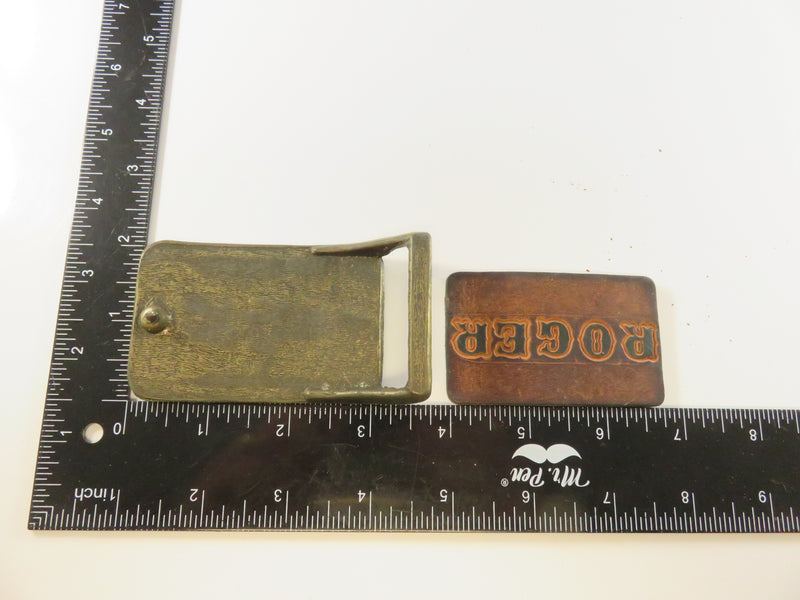 Vintage "ROGER" Leather Belt Buckle, Brass Tone, 1970s, Repair/Restore