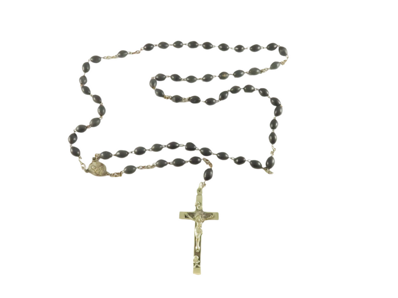 Vintage Wooden Bead Rosary, Nickel Crucifix, 26", As-Is — front view
